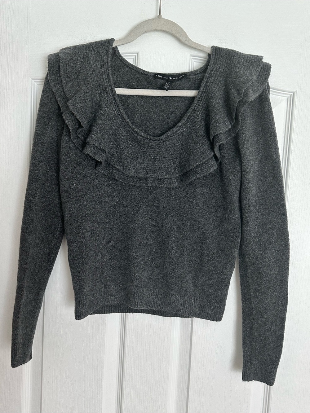 White House Black Market Charcoal Gray V-Neck Ruffle Sweater Never Worn!